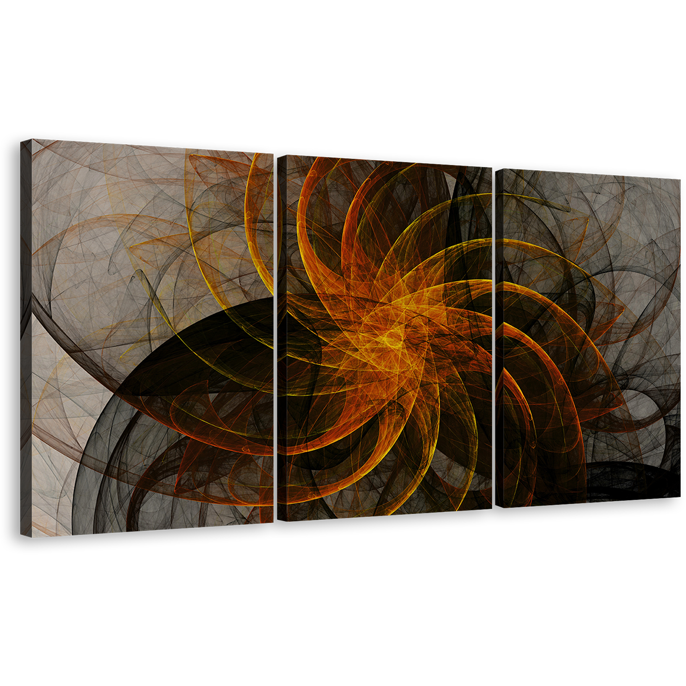 Modern Abstract Canvas Wall Art, Grey Abstract Patterns Triptych Multi Canvas Artwork, Black Orange Abstract Fractal 3 Piece Canvas Print