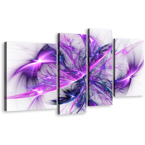 Modern Abstract Canvas Wall Art, Purple Bright Abstract Fractal Canvas Print, Blue Elegant Abstract Glow  4 Piece Multiple Canvas