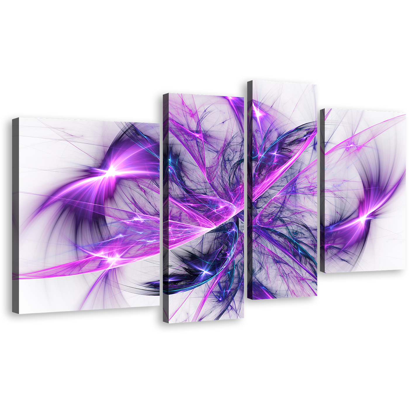 Modern Abstract Canvas Wall Art, Purple Bright Abstract Fractal Canvas Print, Blue Elegant Abstract Glow  4 Piece Multiple Canvas