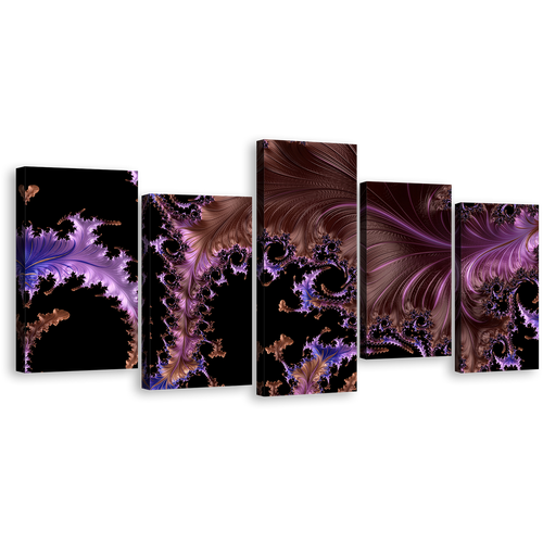 Modern Abstract Canvas Wall Art, Purple Fractal Digital Artwork 5 Piece Canvas, Brown Black Abstract Fractal Patterns Canvas Print, Abstract Dream Multi Canvas