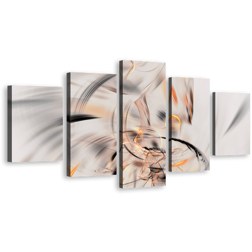 Modern Abstract Canvas Wall Art, White Abstract Fractal Multiple Canvas, Orange Artistic Abstract Illustration 5 Piece Canvas Print