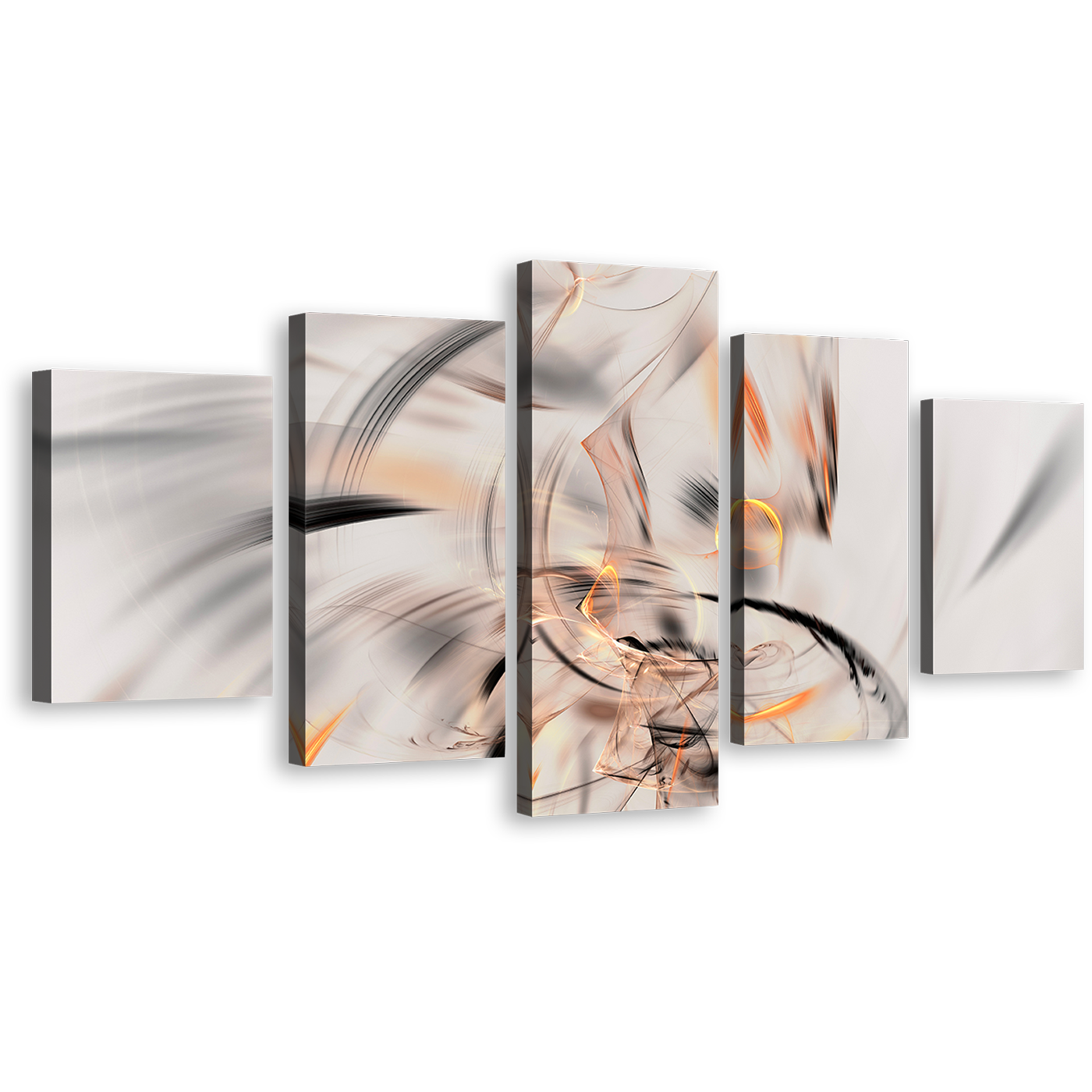 Modern Abstract Canvas Wall Art, White Abstract Fractal Multiple Canvas, Orange Artistic Abstract Illustration 5 Piece Canvas Print