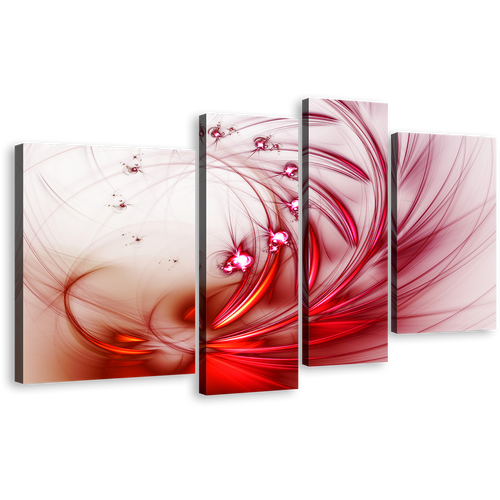 Modern Abstract Canvas Wall Art, White Red Abstract 4 Piece Canvas Print, Fractal Abstract Digital Artwork Multi Canvas