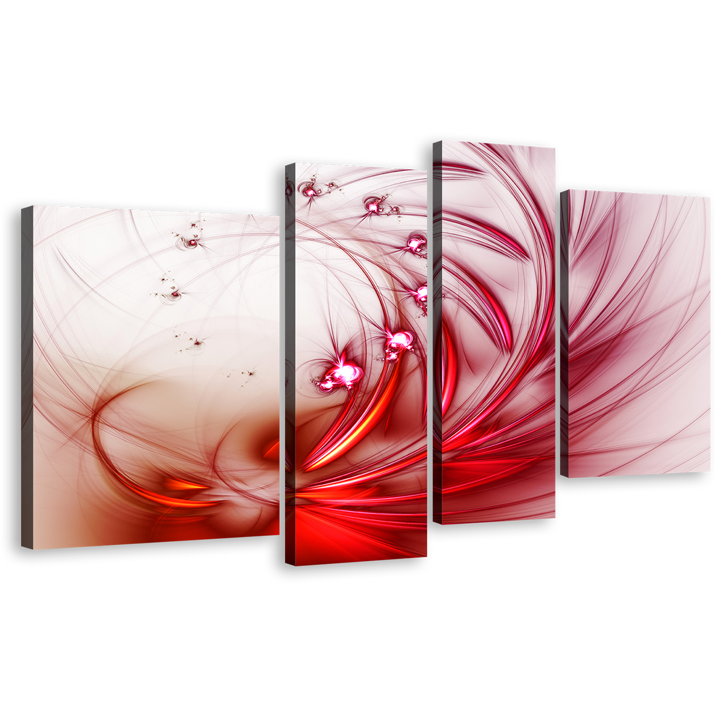 Modern Abstract Canvas Wall Art, White Red Abstract 4 Piece Canvas Print, Fractal Abstract Digital Artwork Multi Canvas