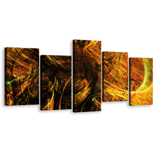 Modern Abstract Canvas Wall Art, Yellow Abstract Digital Artwork Canvas Print, Black 3D Abstract Fractal Bright 5 Piece Multiple Canvas