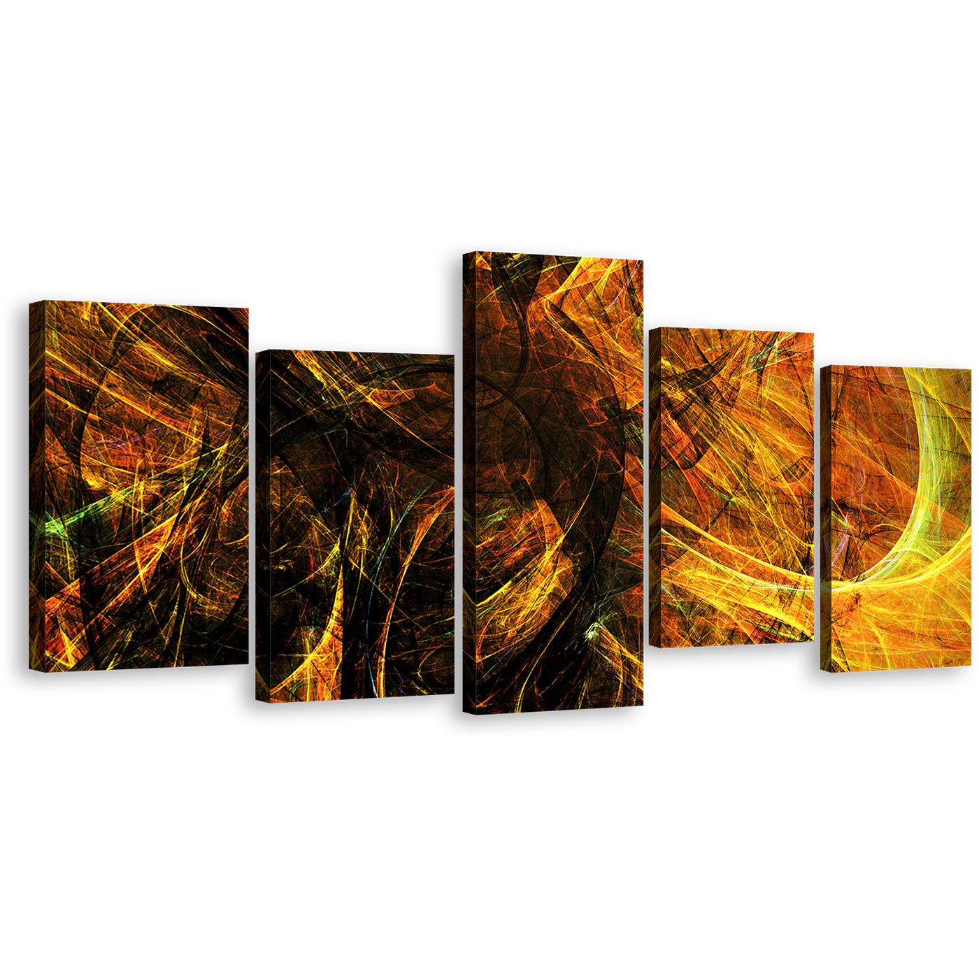 Modern Abstract Canvas Wall Art, Yellow Abstract Digital Artwork Canvas Print, Black 3D Abstract Fractal Bright 5 Piece Multiple Canvas