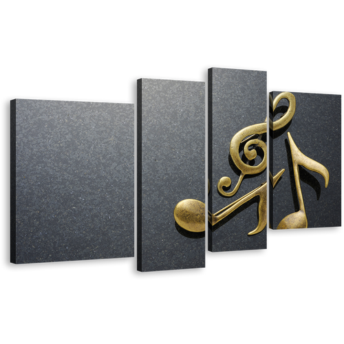 Modern Music Canvas Print, Gold Isolated Music 4 Piece Canvas Wall Art, Grey Abstract Elegant Music Notes Multi Canvas Artwork