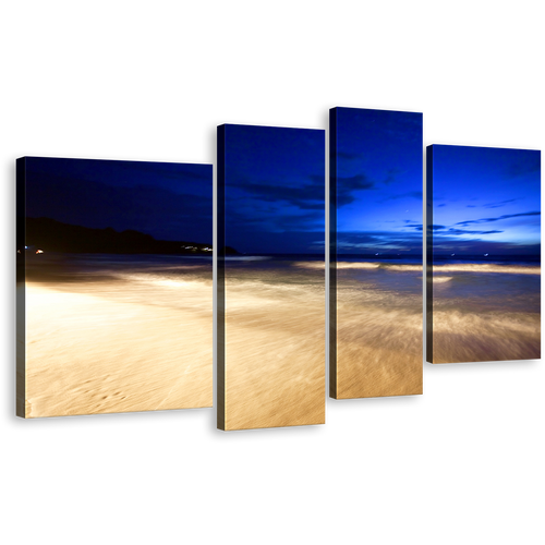 Modern Seascape Canvas Print, Yellow Tropical Night Beach Wall Art, Thailand Blue Sky Ocean 4 Piece Multi Canvas