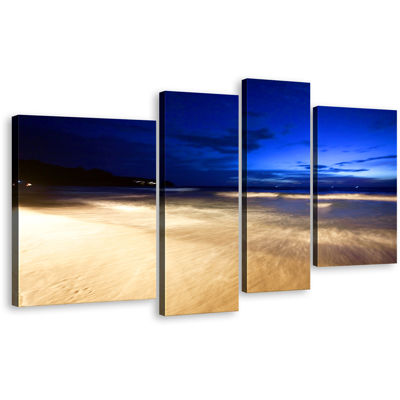 Modern Seascape Canvas Print, Yellow Tropical Night Beach Wall Art, Thailand Blue Sky Ocean 4 Piece Multi Canvas