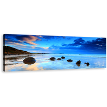 Load image into Gallery viewer, Moeraki Boulders Wall Art, New Zealand Blue Sky Seascape Canvas Print, Brown Ocean Rocks 1 Piece Canvas Art
