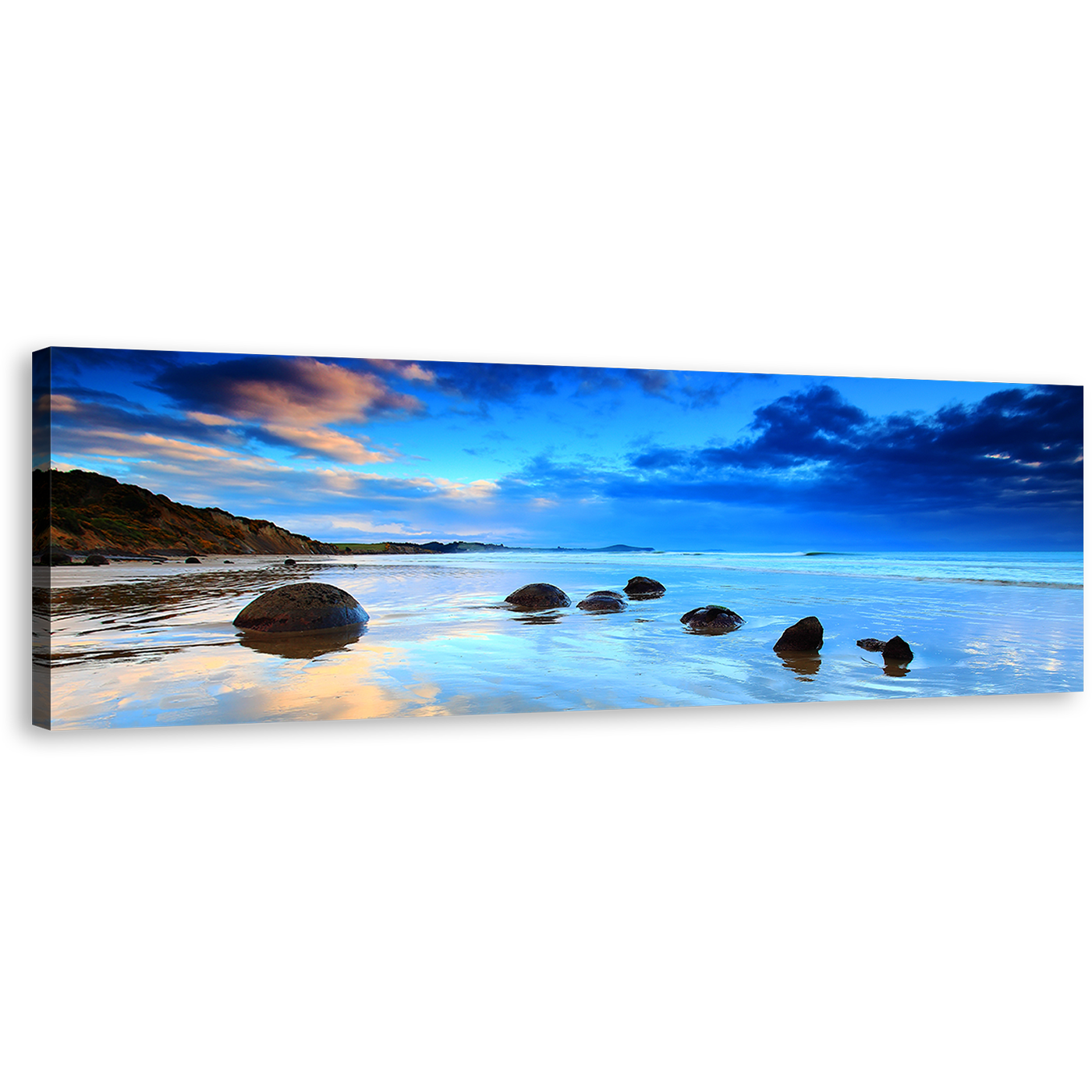 Moeraki Boulders Wall Art, New Zealand Blue Sky Seascape Canvas Print, Brown Ocean Rocks 1 Piece Canvas Art