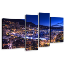 Load image into Gallery viewer, Monaco City Canvas Wall Art, Blue Sky Harbors Canals Cityscape 4 Piece Canvas, City Beach Mountains at Night Canvas Print, Yellow City Lights Canvas Set
