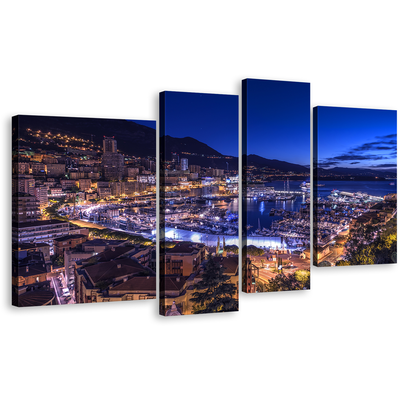 Monaco City Canvas Wall Art, Blue Sky Harbors Canals Cityscape 4 Piece Canvas, City Beach Mountains at Night Canvas Print, Yellow City Lights Canvas Set