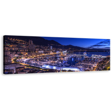 Load image into Gallery viewer, Monaco Harbor Canvas Print, City Beach Mountains at Night 1 Piece Canvas Wall Art, Blue Sky Harbors Canals Wide Canvas, Yellow City Lights Canvas Artwork
