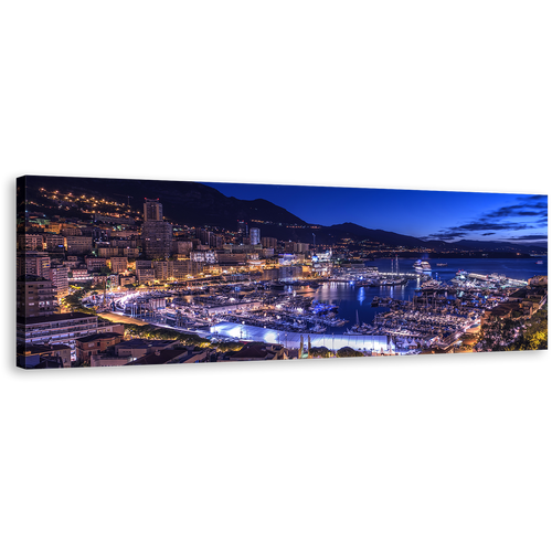 Monaco Harbor Canvas Print, City Beach Mountains at Night 1 Piece Canvas Wall Art, Blue Sky Harbors Canals Wide Canvas, Yellow City Lights Canvas Artwork