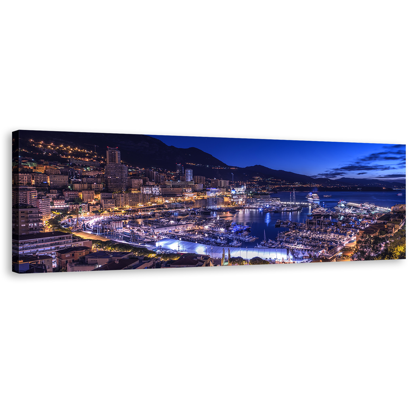 Monaco Harbor Canvas Print, City Beach Mountains at Night 1 Piece Canvas Wall Art, Blue Sky Harbors Canals Wide Canvas, Yellow City Lights Canvas Artwork