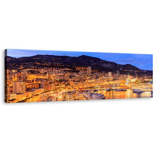 Monaco Harbors Canvas Wall Art, French Riviera Yellow Cityscape 1 Piece Canvas, Monte Carlo Beach Canvas Print, Blue Sky Mountains Canvas Artwork