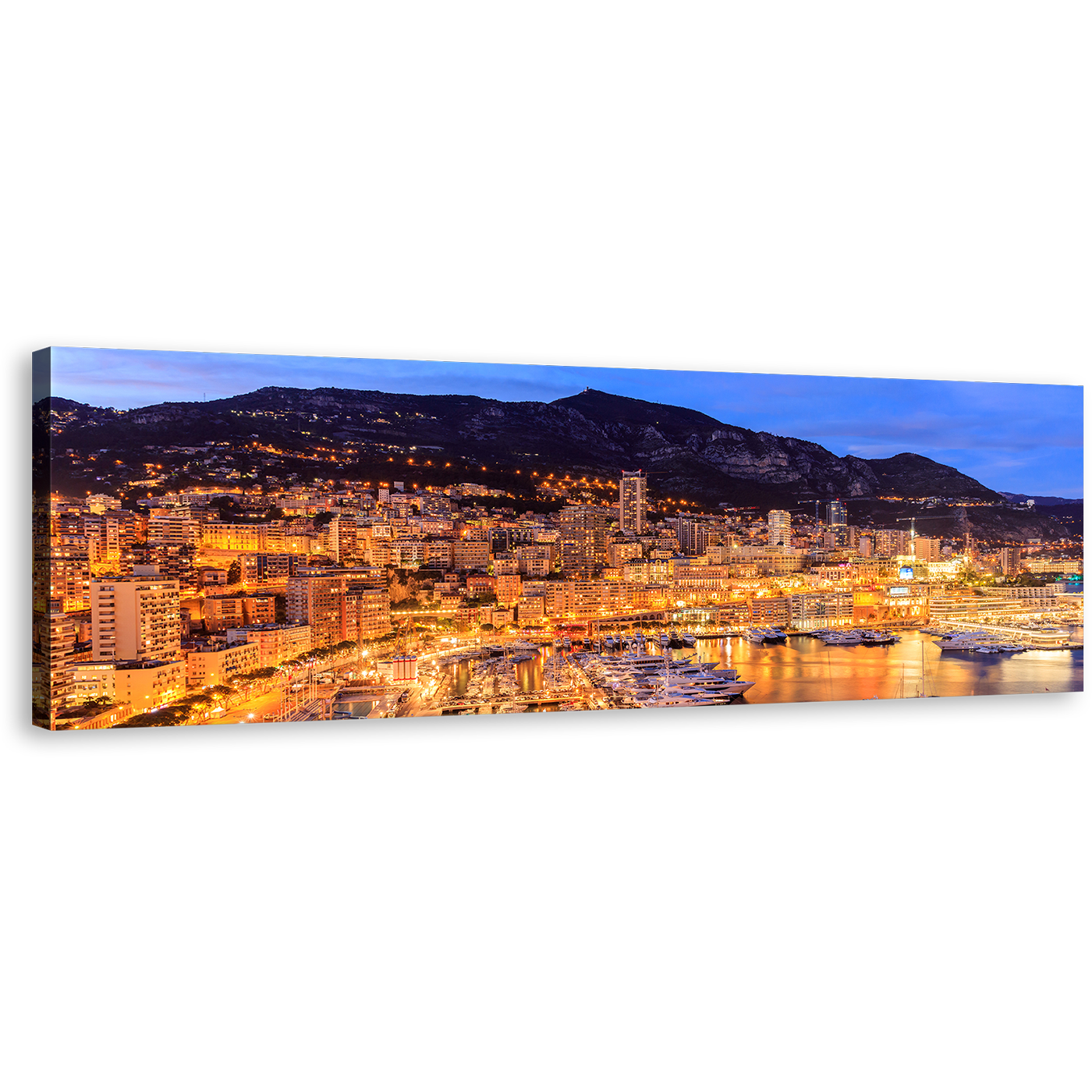 Monaco Harbors Canvas Wall Art, French Riviera Yellow Cityscape 1 Piece Canvas, Monte Carlo Beach Canvas Print, Blue Sky Mountains Canvas Artwork