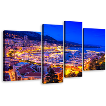 Load image into Gallery viewer, Monaco Mediterranean Wall Art, Blue Monte-Carlo And Harbor 4 Piece Multi Canvas, Yellow Europe Port Hercules Canvas Print
