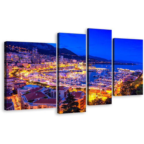 Monaco Mediterranean Wall Art, Blue Monte-Carlo And Harbor 4 Piece Multi Canvas, Yellow Europe Port Hercules Canvas Print