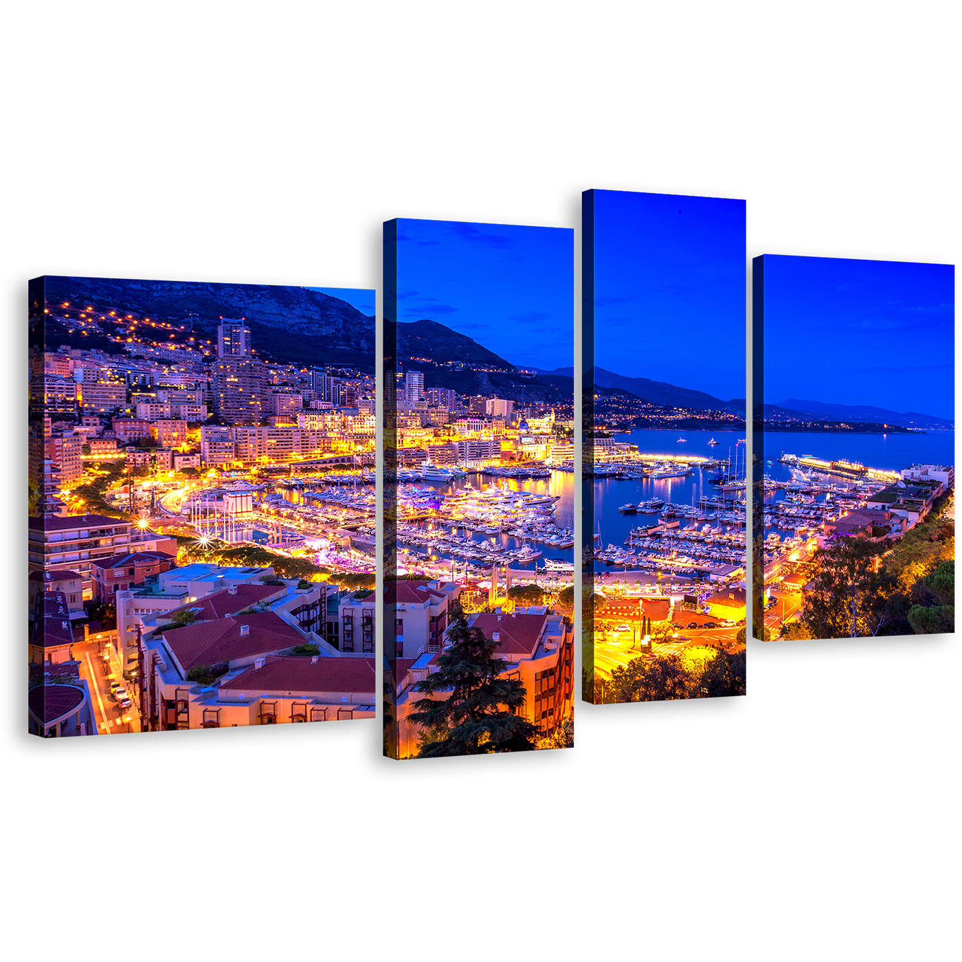 Monaco Mediterranean Wall Art, Blue Monte-Carlo And Harbor 4 Piece Multi Canvas, Yellow Europe Port Hercules Canvas Print