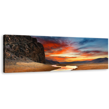 Load image into Gallery viewer, Mongolian Desert Wall Art, Cloudy Orange Sunrise Mountain Sky Panoramic Canvas Art, Brown Gobi Desert Canvas Print
