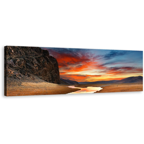 Mongolian Desert Wall Art, Cloudy Orange Sunrise Mountain Sky Panoramic Canvas Art, Brown Gobi Desert Canvas Print