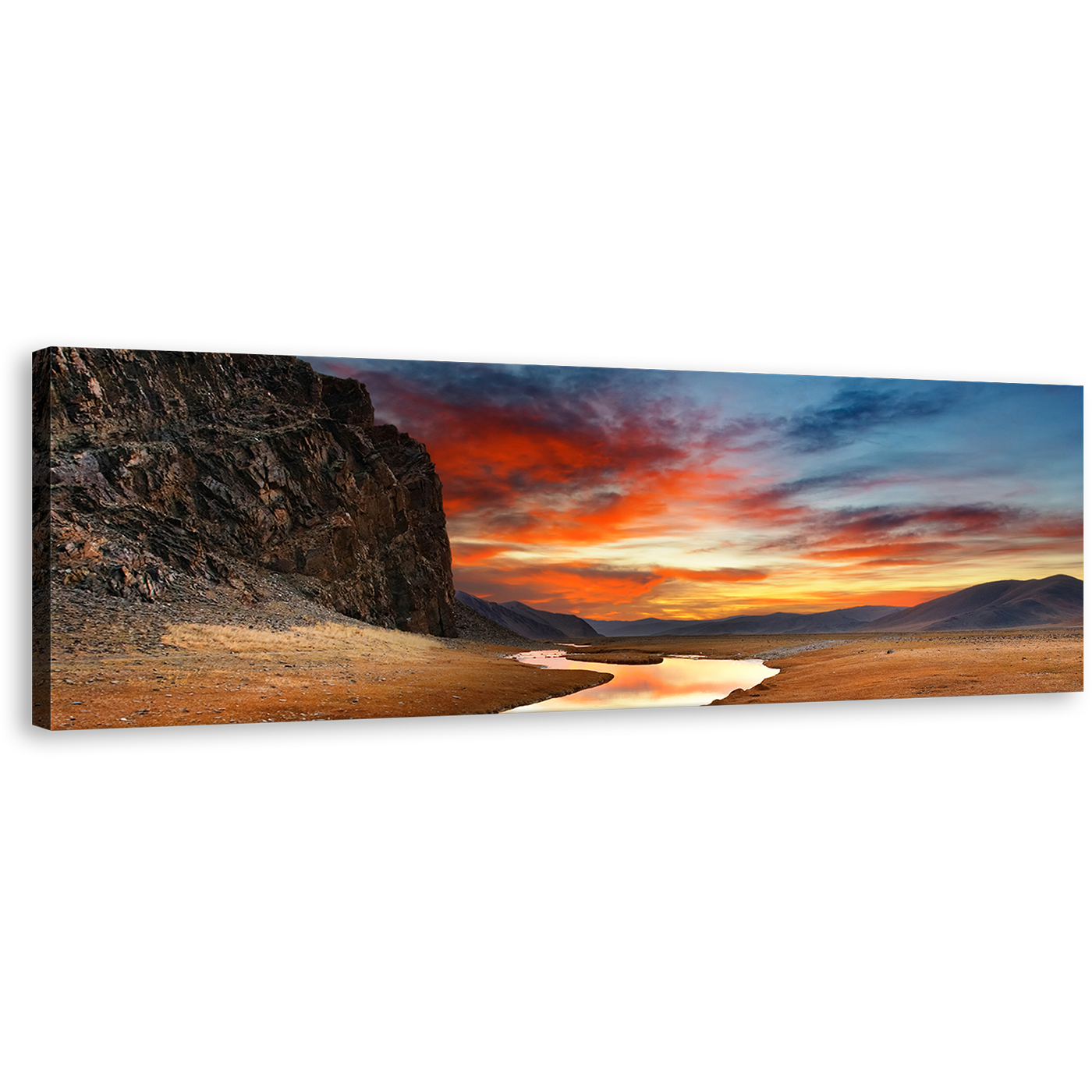 Mongolian Desert Wall Art, Cloudy Orange Sunrise Mountain Sky Panoramic Canvas Art, Brown Gobi Desert Canvas Print