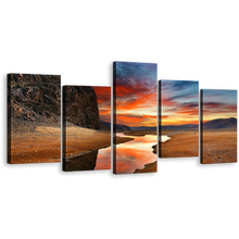 Load image into Gallery viewer, Mongolian Landscape Canvas Wall Art, Brown Gobi Desert 5 Piece Canvas Print, Dramatic Orange Sky Sunset Multi Canvas
