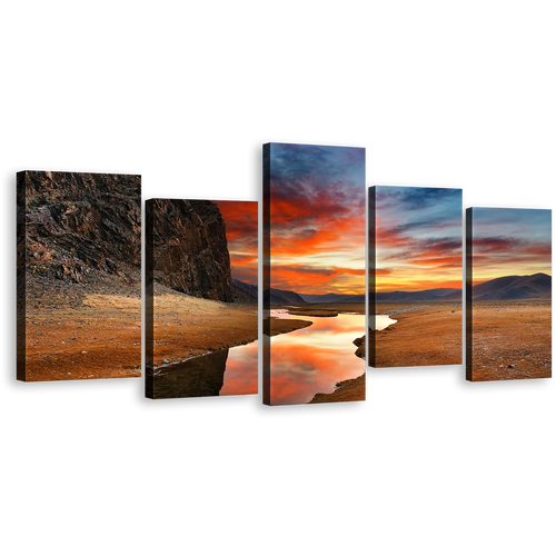 Mongolian Landscape Canvas Wall Art, Brown Gobi Desert 5 Piece Canvas Print, Dramatic Orange Sky Sunset Multi Canvas