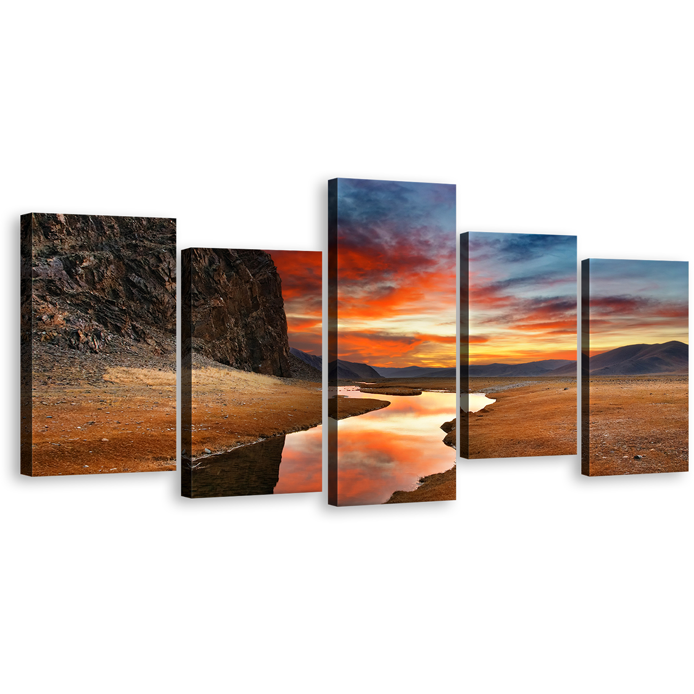 Mongolian Landscape Canvas Wall Art, Brown Gobi Desert 5 Piece Canvas Print, Dramatic Orange Sky Sunset Multi Canvas