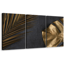 Load image into Gallery viewer, Monstera Leaves Canvas Print, Abstract Golden Palm 3 Piece Canvas Wall Art, Abstract Elegance Multiple Canvas
