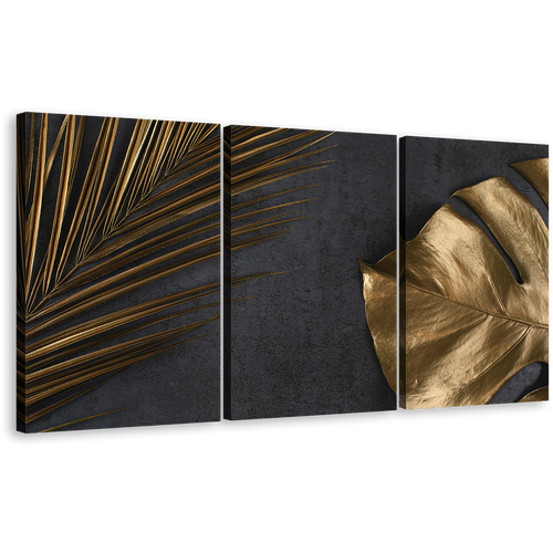 Monstera Leaves Canvas Print, Abstract Golden Palm 3 Piece Canvas Wall Art, Abstract Elegance Multiple Canvas