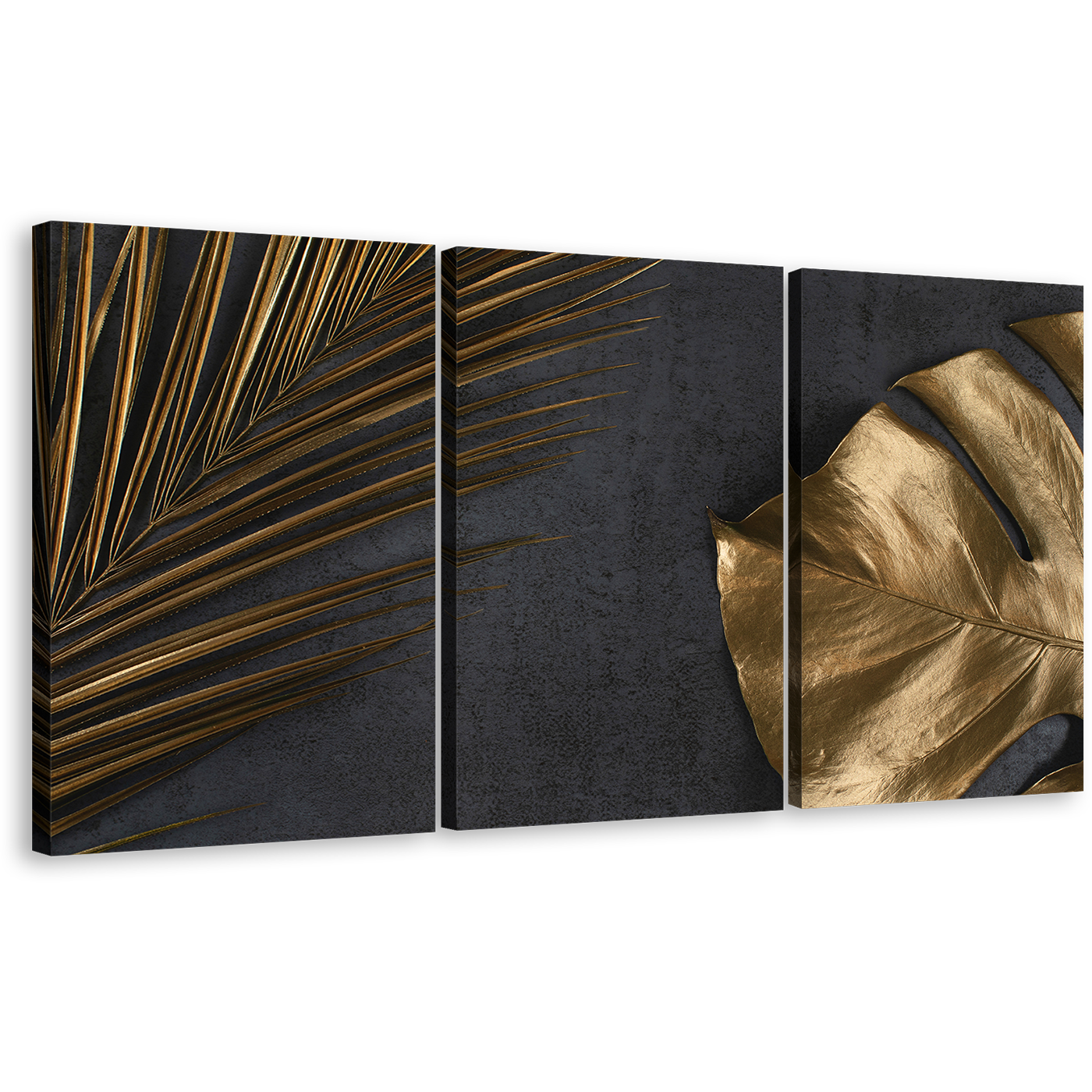 Monstera Leaves Canvas Print, Abstract Golden Palm 3 Piece Canvas Wall Art, Abstract Elegance Multiple Canvas