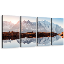 Load image into Gallery viewer, Monte Bianco Canvas Wall Art, France White Mountain Sunset 4 Piece Canvas Set, Brown Landscape Chesery Lake Canvas Print
