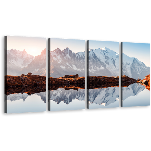 Monte Bianco Canvas Wall Art, France White Mountain Sunset 4 Piece Canvas Set, Brown Landscape Chesery Lake Canvas Print