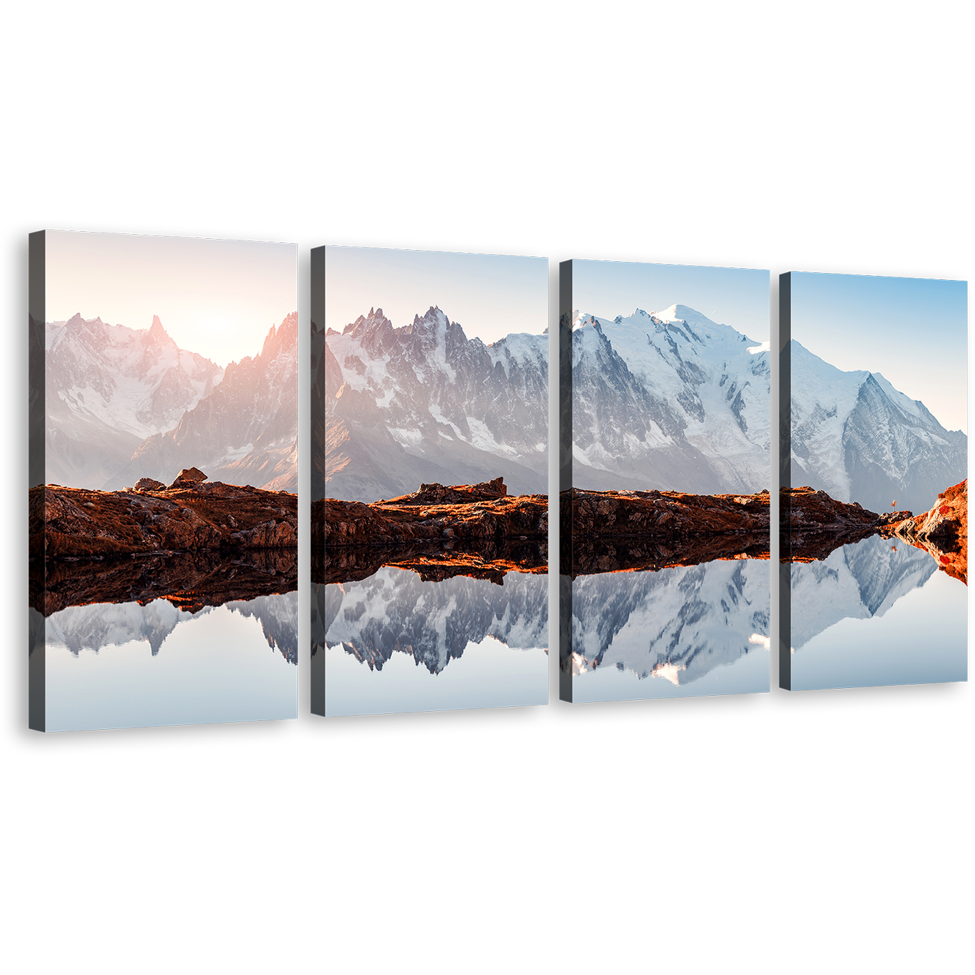 Monte Bianco Canvas Wall Art, France White Mountain Sunset 4 Piece Canvas Set, Brown Landscape Chesery Lake Canvas Print