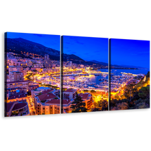 Load image into Gallery viewer, Monte-carlo Canvas Print, Blue Port Hercules 3 Piece Canvas Set, Yellow Monaco Mediterranean Europe Wall Art
