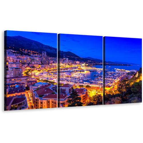 Monte-carlo Canvas Print, Blue Port Hercules 3 Piece Canvas Set, Yellow Monaco Mediterranean Europe Wall Art