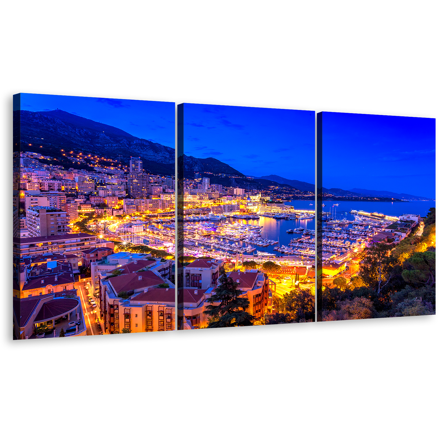 Monte-carlo Canvas Print, Blue Port Hercules 3 Piece Canvas Set, Yellow Monaco Mediterranean Europe Wall Art