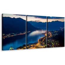 Load image into Gallery viewer, Montenegro Mountains Canvas Print, Yellow City Lights Houses Triptych Canvas Wall Art, Bay of Kotor 3 Piece Canvas, Blue Boka Kotorska Bay Triptych Canvas Set
