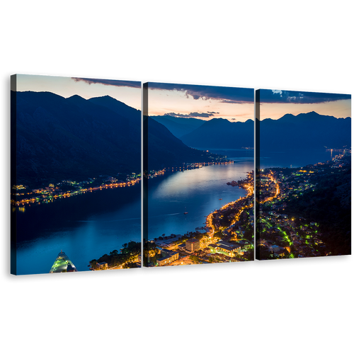 Montenegro Mountains Canvas Print, Yellow City Lights Houses Triptych Canvas Wall Art, Bay of Kotor 3 Piece Canvas, Blue Boka Kotorska Bay Triptych Canvas Set