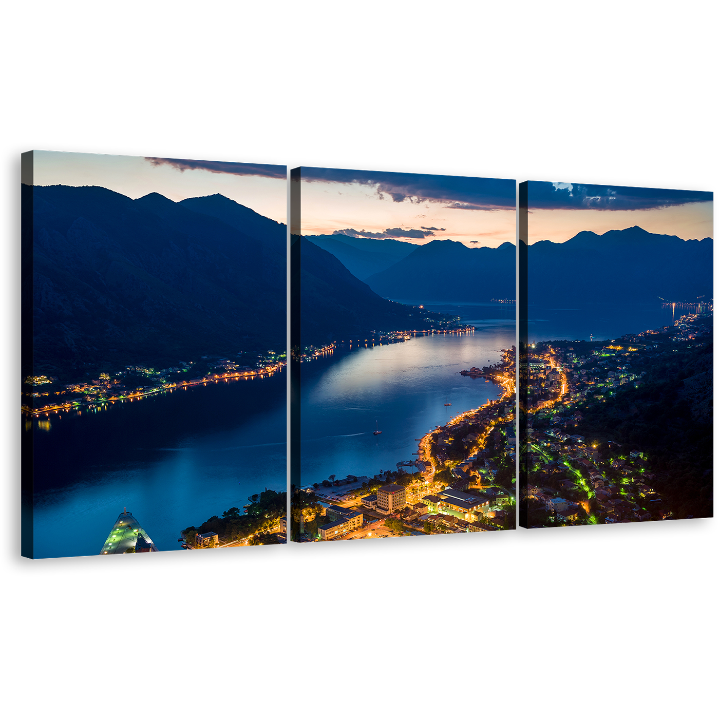 Montenegro Mountains Canvas Print, Yellow City Lights Houses Triptych Canvas Wall Art, Bay of Kotor 3 Piece Canvas, Blue Boka Kotorska Bay Triptych Canvas Set