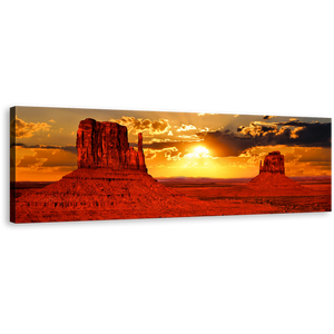 Monument Valley Wall Art, Beautiful Orange Sunset Panoramic Canvas Print, Iconic Red Sand Desert Arizona Canvas Art