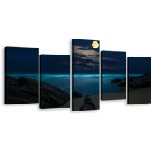 Load image into Gallery viewer, Moon Ocean Canvas Wall Art, Blue Cloudy Full Moon Ocean 5 Piece Canvas Print, Brown Rock Beach at Night Multi Canvas Artwork
