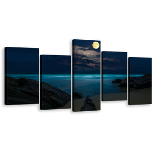 Moon Ocean Canvas Wall Art, Blue Cloudy Full Moon Ocean 5 Piece Canvas Print, Brown Rock Beach at Night Multi Canvas Artwork