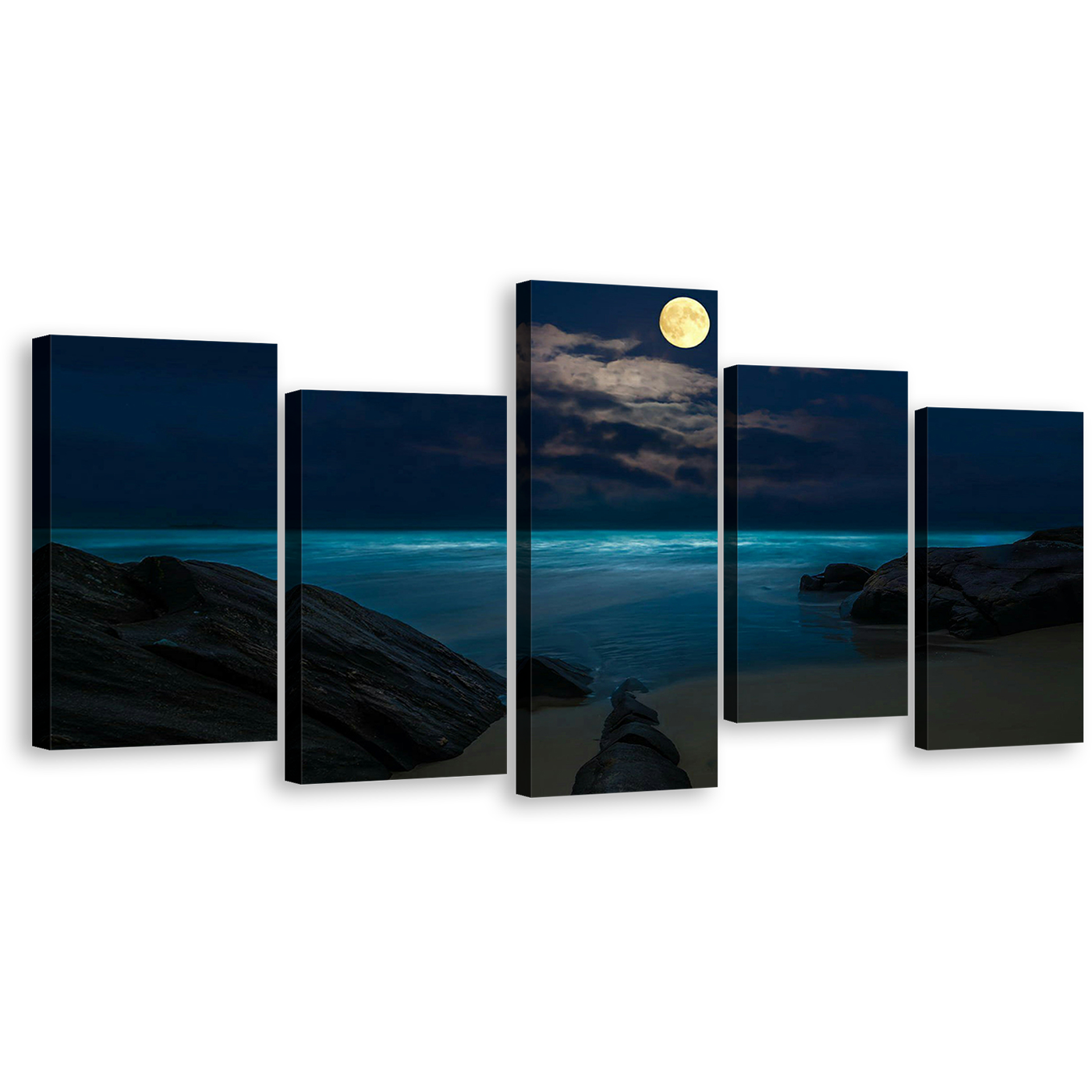 Moon Ocean Canvas Wall Art, Blue Cloudy Full Moon Ocean 5 Piece Canvas Print, Brown Rock Beach at Night Multi Canvas Artwork