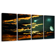 Load image into Gallery viewer, Moon Scenery Wall Art, Brown Mountain Scenery 4 Piece Canvas Print, Beautiful Clouds Green Starry Sky Multi Canvas
