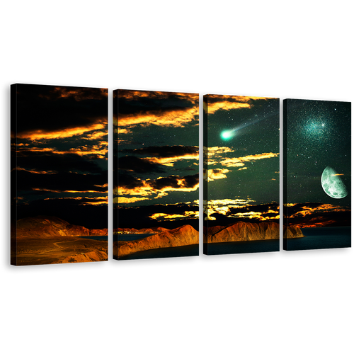 Moon Scenery Wall Art, Brown Mountain Scenery 4 Piece Canvas Print, Beautiful Clouds Green Starry Sky Multi Canvas