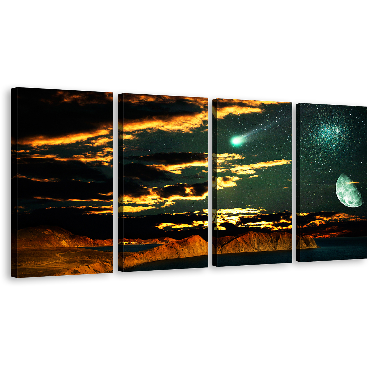 Moon Scenery Wall Art, Brown Mountain Scenery 4 Piece Canvas Print, Beautiful Clouds Green Starry Sky Multi Canvas